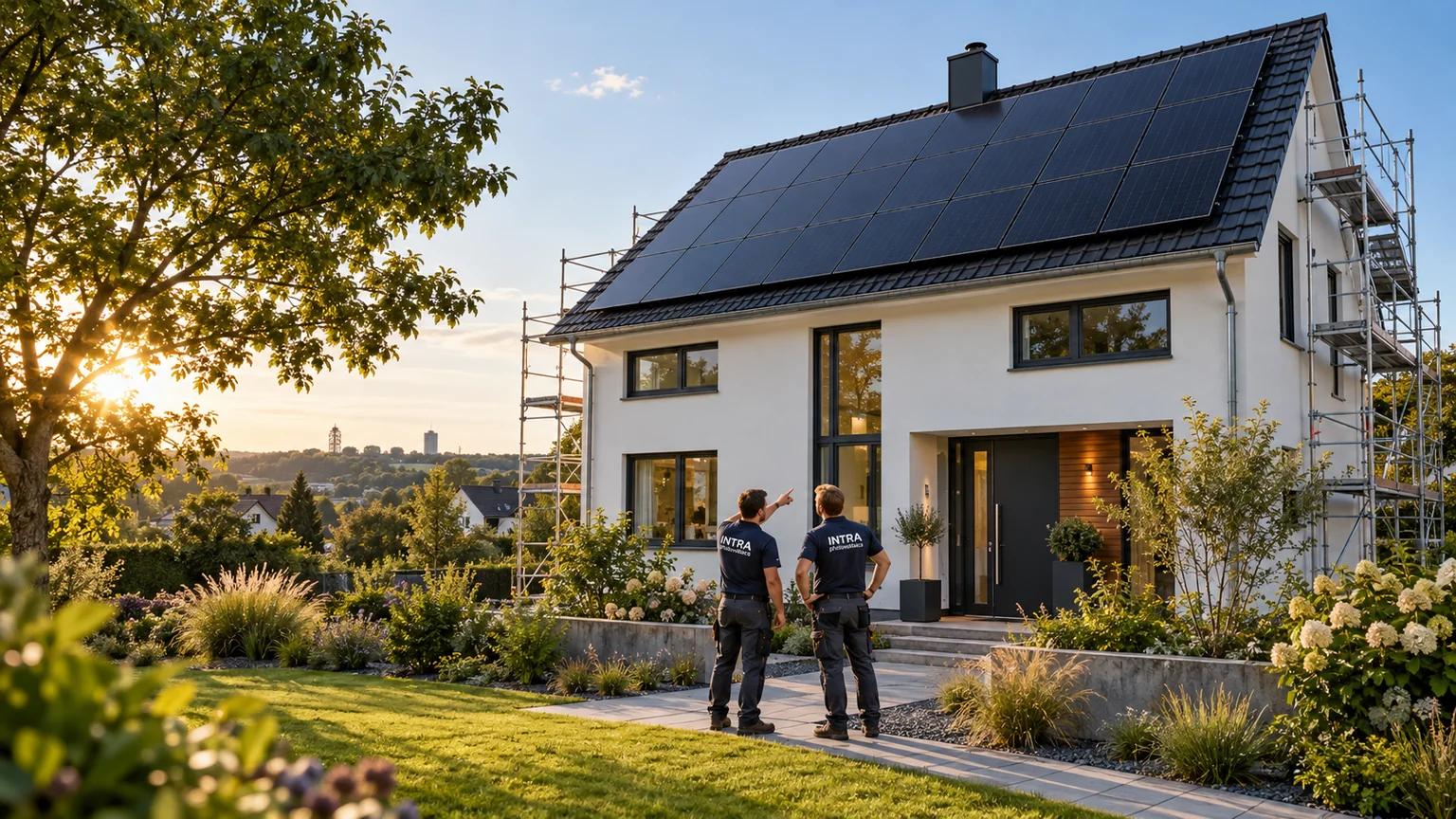 Illustratives Einfamilienhaus mit großem Solardach und zwei Personen im Abendlicht
