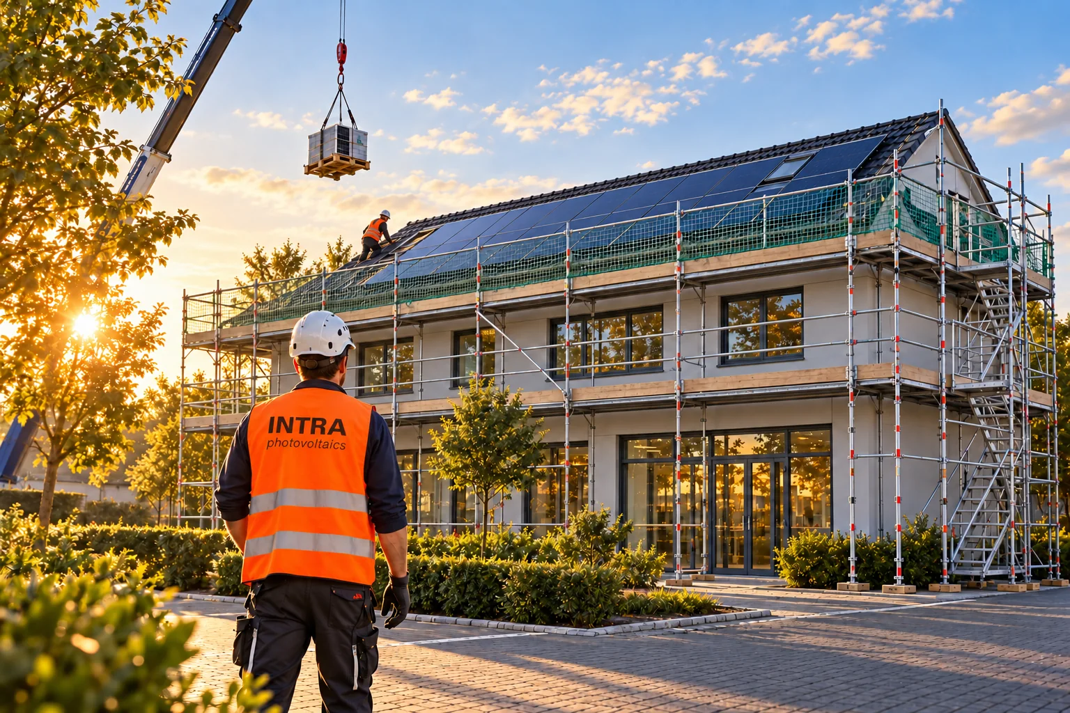 Illustration eines Projektbegleiters von INTRA photovoltaics vor einem eingerüsteten Haus